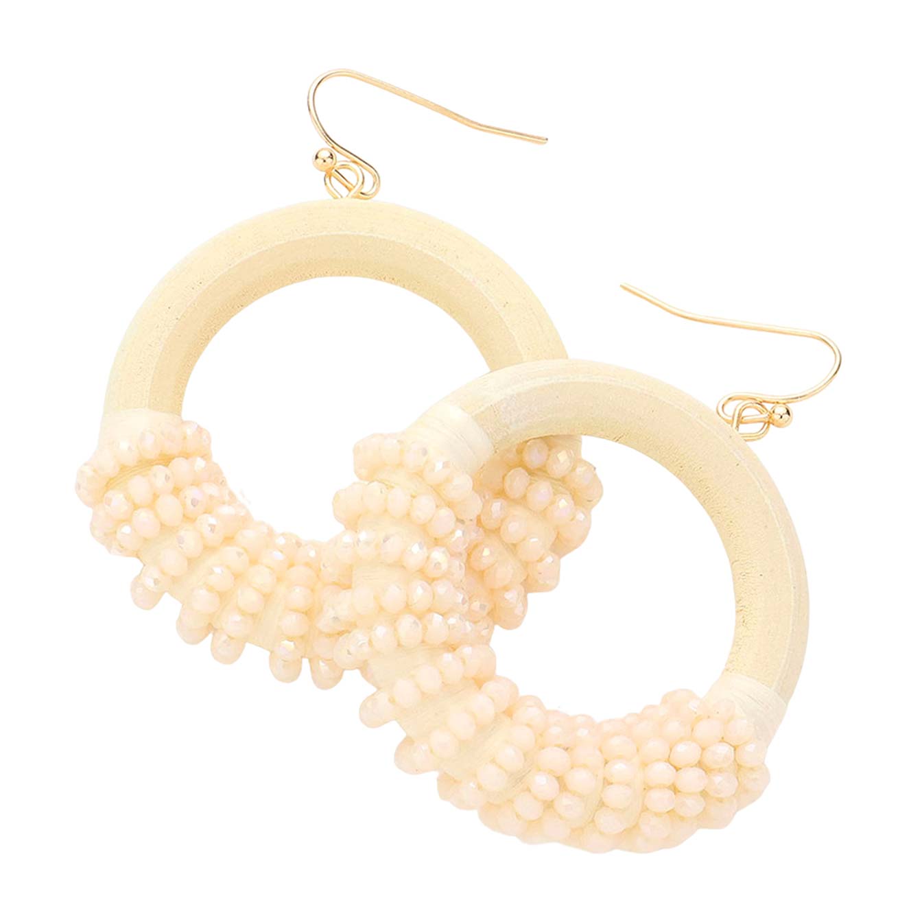 Ivory Faceted Bead Wrapped Open Wood Circle Dangle Earrings, Put on a pop of color to complete your ensemble in perfect style with these gorgeous bead-wrapped wood circle earrings. The beautifully crafted design adds a gorgeous glow to any outfit with these wrapped wood circle earrings. Perfect for adding just the right amount of shimmer & shine on any occasion.