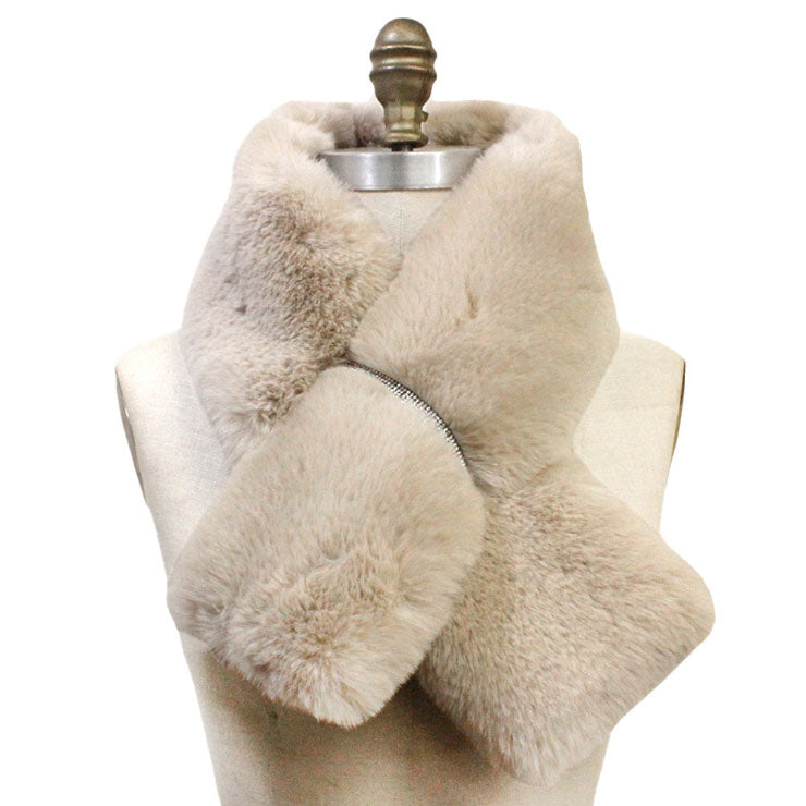 Ivory Fall Winter Trendy Faux Fur Bling Pull Through Scarf, delicate, warm, on trend & fabulous, a luxe addition to any cold-weather ensemble. Great for daily wear in the cold winter to protect you against chill, classic infinity-style scarf & amps up the glamour with plush material that feels amazing snuggled up against your cheeks.