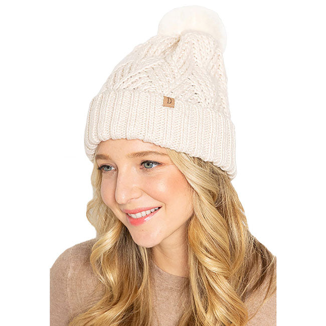 Ivory Faux Fur Pom Pom Cable Knit Beanie Hat, Accessorize the fun way with this pom pom beanie hat, the autumnal touch you need to finish your outfit in style. Awesome winter gift accessory! Perfect Gift Birthday, Christmas, Holiday, Anniversary, Valentine’s Day, Loved One.