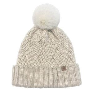 Ivory Faux Fur Pom Pom Cable Knit Beanie Hat, Accessorize the fun way with this pom pom beanie hat, the autumnal touch you need to finish your outfit in style. Awesome winter gift accessory! Perfect Gift Birthday, Christmas, Holiday, Anniversary, Valentine’s Day, Loved One.