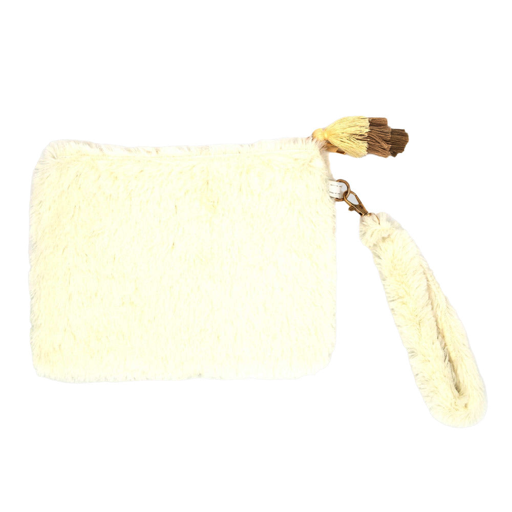 Ivory Faux Fur Tassel Pouch With Wristlet, shows your trendy look with this awesome tassel pouch design wristlet bag. Whether you are out shopping, going to the pool or beach, or anywhere else. These tassel themed pouch bag is the perfect accessory for holding your handy items comfortably. Spacious enough for carrying any and all of your belongings and essentials. Perfect Birthday Gift, Anniversary Gift, Just Because Gift, Mother's Day Gift.