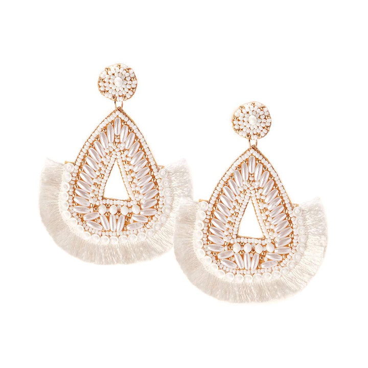 Ivory Felt Back Beaded Teardrop Thread Fringe Dangle Earrings, These beaded earrings are elegant, and fun, and make a great addition to any outfit! Very lightweight and eye-catchy! These teardrop thread fringe earrings make you more youthful and dynamic, no worry about how to match your beautiful clothing. 