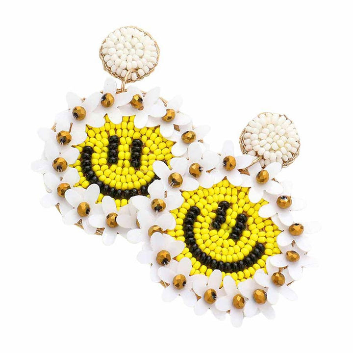 Ivory Felt Back Floral Seed Beaded Smile Dangle Earrings, turn your ears into a chic fashion statement with these floral smile dangle earrings! The beautifully crafted design adds a gorgeous glow to any outfit. Put on a pop of color to complete your ensemble in perfect style. These adorable floral details dangle earrings are bound to cause a smile.