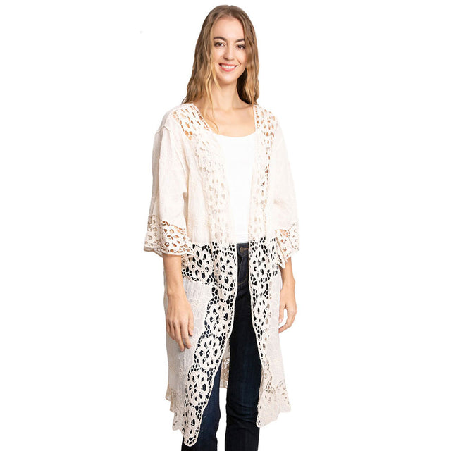 Ivory Floral Lace Trimmed Cover Up Kimono Poncho, Floral Patterned Lace Cover Up Kimono Poncho, will amp up your beauty & confidence and make you stand out with its eye-catchy design. Excellent gift for wife, mom, or the persons you love and care for their birthday, holiday, anniversary, fun night out, etc.