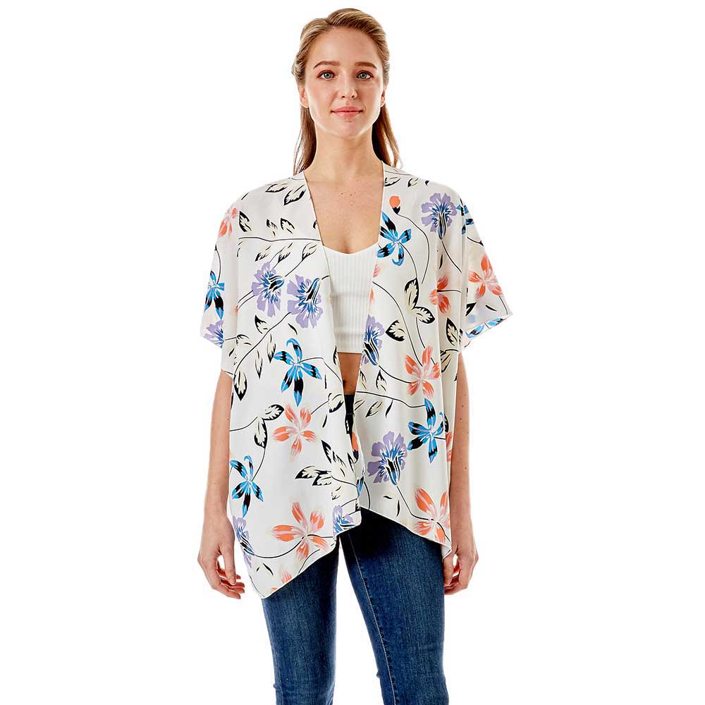 Ivory Flower Printed Cover Up Kimono Poncho. Lightweight and soft brushed fabric exterior fabric that make you feel more warm and comfortable. Cute and trendy poncho for women. Great for dating, hanging out, daily wear, vacation, travel, shopping, holiday attire, office, work, outwear, fall, spring or early winter. Perfect Gift for Wife, Mom, Birthday, Holiday, Anniversary, Fun Night Out.