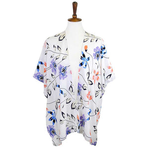 Ivory Flower Printed Cover Up Kimono Poncho. Lightweight and soft brushed fabric exterior fabric that make you feel more warm and comfortable. Cute and trendy poncho for women. Great for dating, hanging out, daily wear, vacation, travel, shopping, holiday attire, office, work, outwear, fall, spring or early winter. Perfect Gift for Wife, Mom, Birthday, Holiday, Anniversary, Fun Night Out.