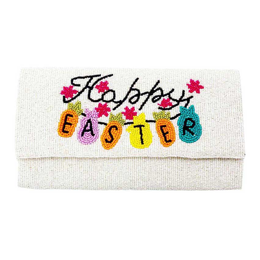 Ivory Happy Easter Message Bunny Seed Beaded Clutch Crossbody Bag, Be the ultimate fashionista carrying this trendy Bunny Seed Beaded clutch bag! great for when you need something small to carry or drop in your bag. perfect for the festive season, embrace the Easter spirit with these bunny seed beaded bag, these pretty tiny gift Crossbody Bags are sure to bring a smile to your face.