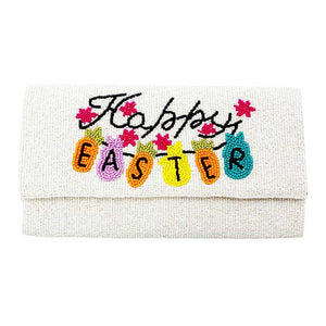 Ivory Happy Easter Message Bunny Seed Beaded Clutch Crossbody Bag, Be the ultimate fashionista carrying this trendy Bunny Seed Beaded clutch bag! great for when you need something small to carry or drop in your bag. perfect for the festive season, embrace the Easter spirit with these bunny seed beaded bag, these pretty tiny gift Crossbody Bags are sure to bring a smile to your face.