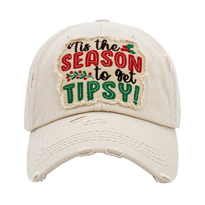 Ivory  ITS THE SEASON TO GET TIPSY Message Vintage Baseball Cap, embrace the Christmas spirit with these fun cool vintage festive Baseball Cap. it is an adorable baseball cap that has a vintage look, giving it that lovely appearance. Adjustable snapback closure tab with a mesh back and a pre-curved bill. No matter where you go on the beach or summer and Fall party it will keep you cool and comfortable. Suitable this baseball cap during all your outdoor activities like sports and camping!