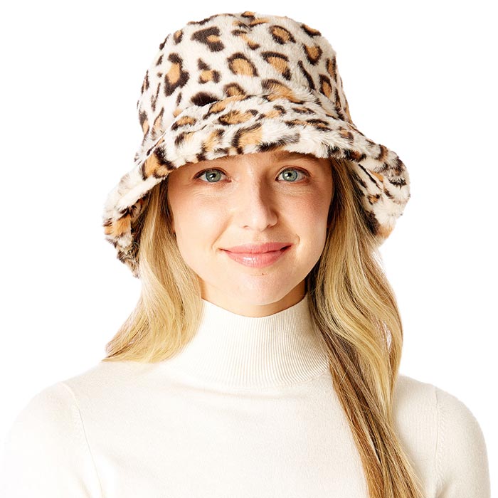 Ivory Leopard Patterned Faux Fur Bucket Hat, this Faux Fur leopard patterned bucket hat is nicely designed and a great addition to your attire. Perfect for protecting you from the wind, snow, beach, pool, camping, or any outdoor activities in cold weather. Awesome winter gift accessory! Perfect gift for Birthdays, Christmas, Stocking stuffers, Secret Santa, holidays, anniversaries, Valentine's Day, etc. to your friends, family, or loved ones.