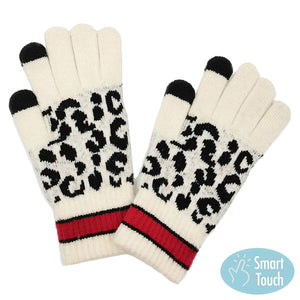Ivory Leopard Patterned Striped Cuff Knit Smart Gloves. Before running out the door into the cool air, you’ll want to reach for these toasty gloves to keep your head incredibly warm. Accessorize the fun way with these gloves, it's the autumnal touch you need to finish your outfit in style. Awesome winter gift accessory!