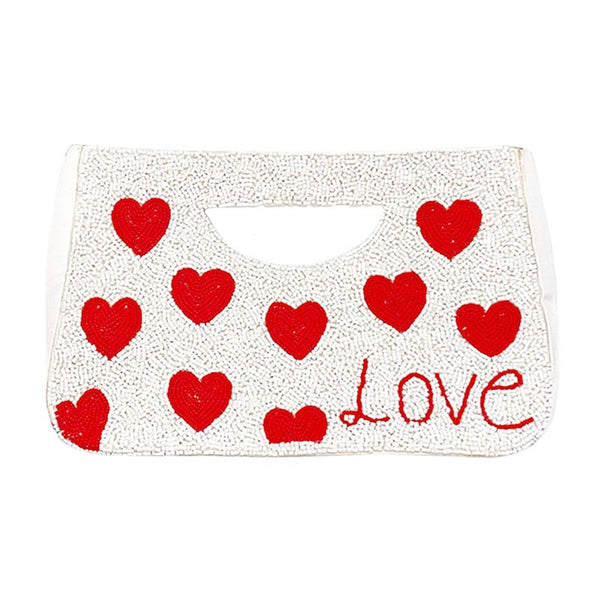 Ivory Love Heart Patterned Seed Beaded Tote Crossbody Bag, Show your trendy side with this awesome Love Heart tote crossbody bag. The red heart stands for sweet love, and crowning for love means to treasure it. These exquisite heart-tote crossbody bags are sophisticated and enchanting.