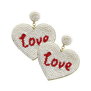 Ivory Love Message Felt Back Seed Beaded Heart Dangle Earrings, Take your love for accessorizing to a new level of affection with these seed-beaded heart dangle earrings. Wear these lovely earrings to make you stand out from the crowd & show your trendy choice this valentine. The fashion jewelry offers a classy look for a romantic day & night out on the town & makes a thoughtful gift for Valentine's Day.