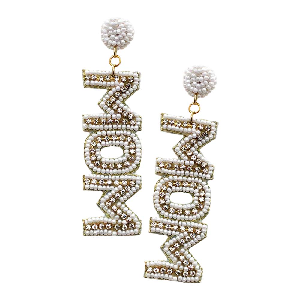 Ivory MOM Felt Back Rhinestone Beaded Message Dangle Earrings, complete the appearance of elegance and royalty to drag the attention of the crowd on special occasions with this rhinestone embellished mom beaded message dangle earrings. Make your mom feel special with this gorgeous earrings gift. Designed to add a gorgeous stylish glow to any outfit. Show mom how much she is appreciated & loved.
