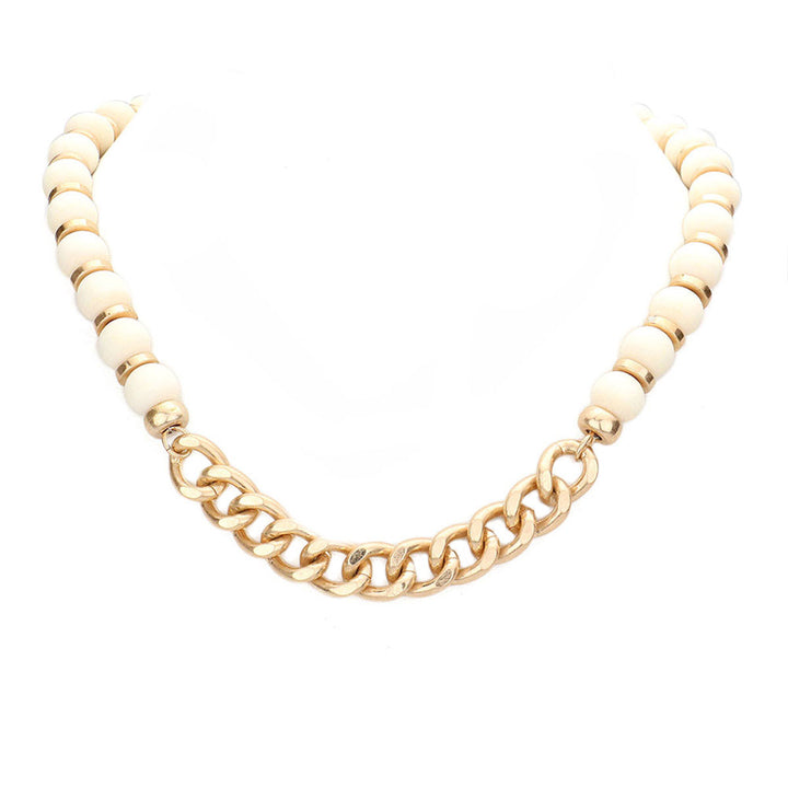 Ivory Metal Chain Link Accented Wood Necklace, Beautifully crafted design adds a gorgeous glow to any outfit. Jewelry that fits your lifestyle! Perfect Birthday Gift, Anniversary Gift, Mother's Day Gift, Anniversary Gift, Graduation Gift, Prom Jewelry, Just Because Gift, Thank you Gift, Valentine's Day Gift.