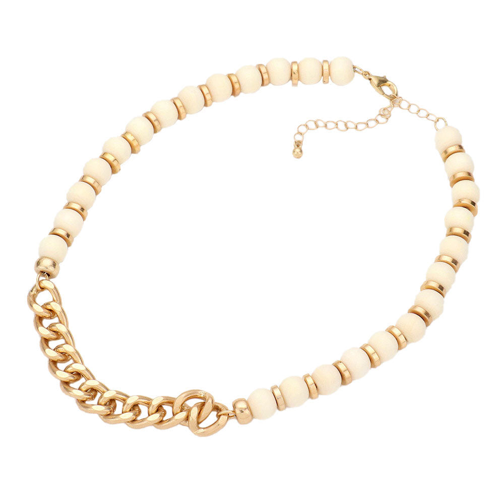 Ivory Metal Chain Link Accented Wood Necklace, Beautifully crafted design adds a gorgeous glow to any outfit. Jewelry that fits your lifestyle! Perfect Birthday Gift, Anniversary Gift, Mother's Day Gift, Anniversary Gift, Graduation Gift, Prom Jewelry, Just Because Gift, Thank you Gift, Valentine's Day Gift.