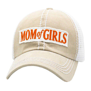 Ivory Mom Of Girls Message Mesh Back Baseball Cap. Fun cool message themed Mom Of Girl baseball cap is made for you. It's fully adjustable and easy to style! Perfect to keep your hair away from you face while exercising, running, playing tennis or just taking a walk outside. Adjustable Velcro strap gives you the perfect fit. The variation color gives it an awesome vintage look.