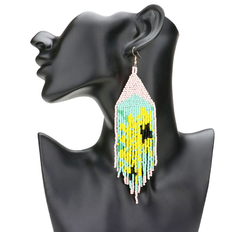 Ivory Multi Pattern Detailed Beaded Fringe Dangle Earrings, Pattern Detailed Beaded fringe dangle earrings are fun handcrafted jewelry that fits your lifestyle, adding a pop of pretty multi-color. These fringe-themed earrings are perfect for an anniversary gift, birthday gift, or valentine's day gift for an of any age.