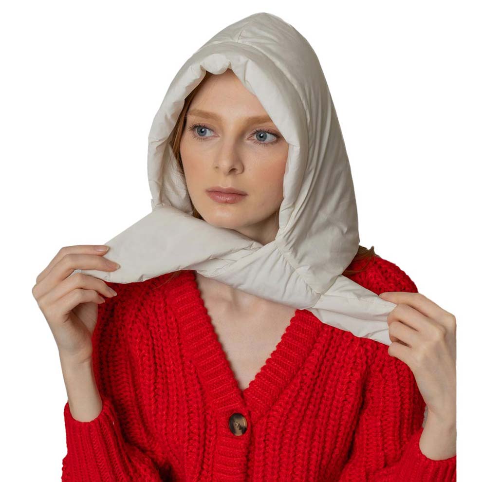 Ivory Padded Snood Hat With Tie, Comfortable and lightweight made with breathable fabric. It is shaped to fit around collars and has a tie to ensure a comfortable fit and amp up your beauty. The fabulous and stylish hat is for an all-in-one hat and snood. This Padded Snood Hat With Tie will become a favorite accessory in cold weather every day indoors and outer. Wear this snood before running out of the door in the cold weather on winter days