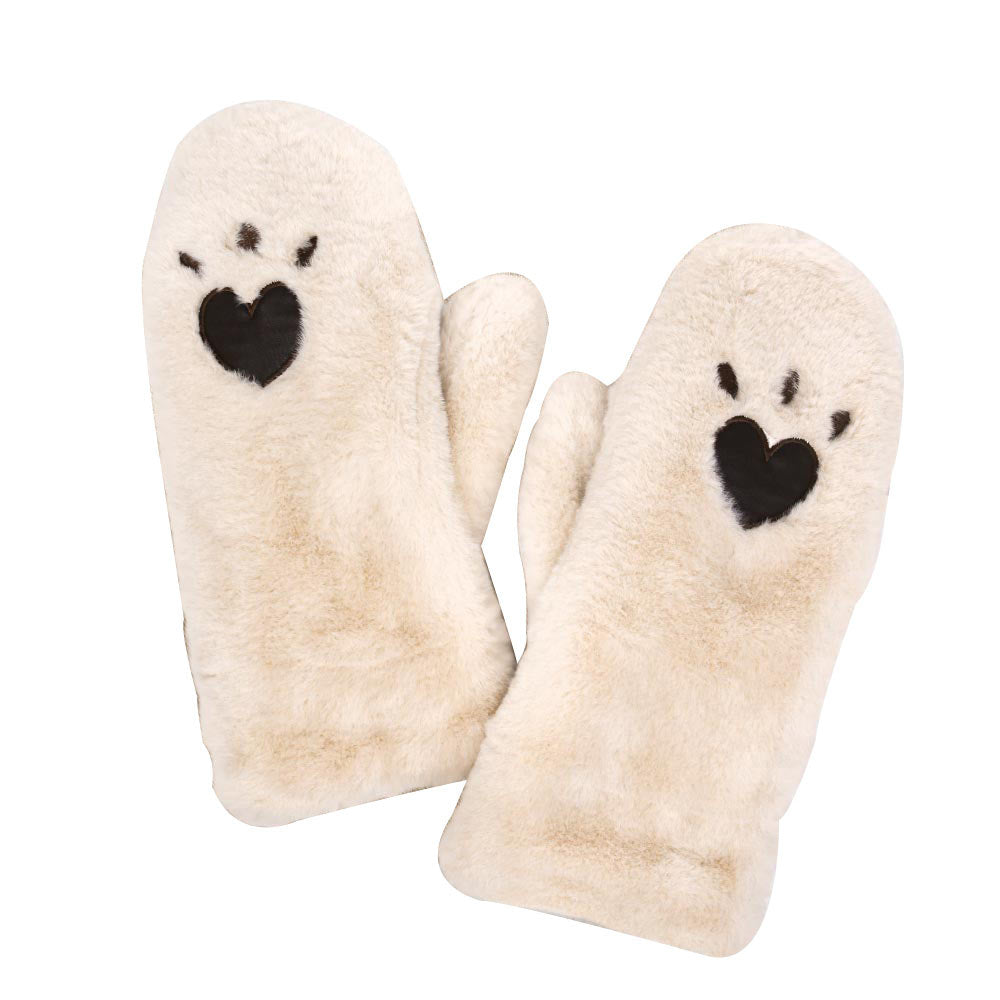 Ivory Plush Faux Fur Heart Paw Mittens, warm and cozy convertible mittens that will protect you from wintry weather. comfortable, soft brushed poly stretch knit. It's finished with a hint of stretch for comfort and flexibility. Wear gloves or cover up as a mitten to make your outfit gorgeous with luxe. Either way, you will love these soft neutral colors. Excellent gift for the persons you care about the most.