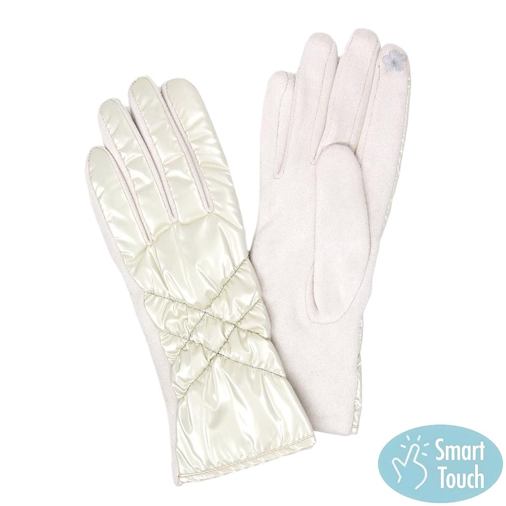 Ivory Puffer Padded Quilted Shiny Smart Touch Tech Gloves, gives your look so much eye-catching texture w cool design, a cozy feel, fashionable, attractive, cute looking in winter season, these warm accessories allow you to use your phones. Perfect Birthday Gift, Valentine's Day Gift, Anniversary Gift, Just Because Gift