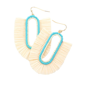 Ivory Raffia Trimmed Dangle Earrings, enhance your attire with these beautiful dangle earrings to show off your fun trendsetting style. Can be worn with any daily wear such as shirts, dresses, T-shirts, etc. These raffia earrings will garner compliments all day long. Whether day or night, on vacation, or on a date, whether you're wearing a dress or a coat, these earrings will make you look more glamorous and beautiful.