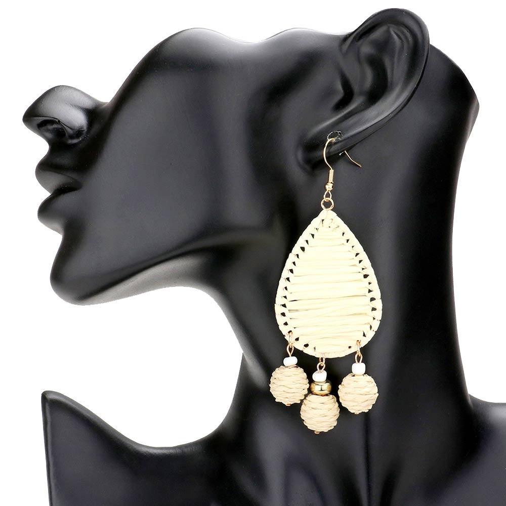 Pink Raffia Wrapped Teardrop Triple Ball Link Dangle Earrings, enhance your attire with these beautiful raffia-wrapped teardrop earrings to show off your fun trendsetting style. Can be worn with any daily wear such as shirts, dresses, T-shirts, etc. These triple-ball link dangle earrings will garner compliments all day long. 