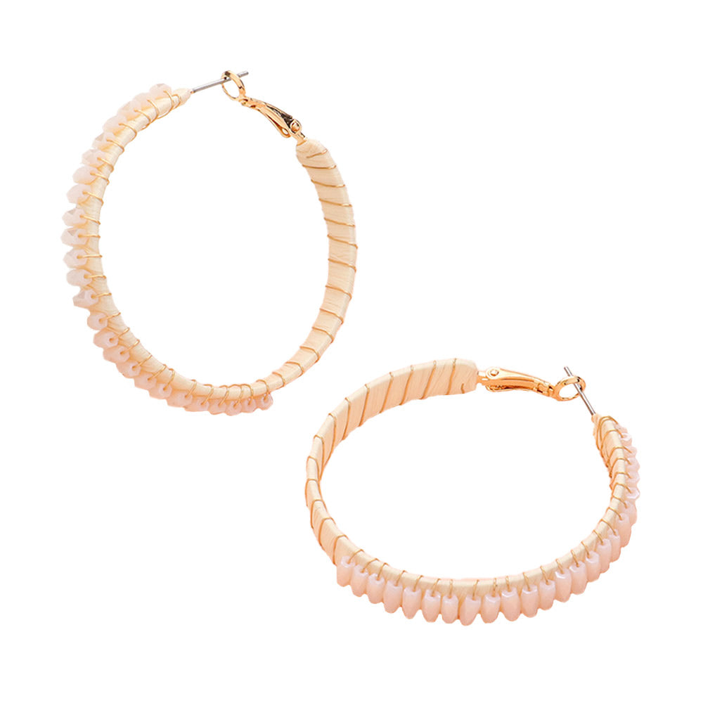 Ivory Rectangle Bead Trimmed Raffia Wrapped Hoop Earrings, enhance your attire with these beautiful raffia-wrapped hoop earrings to show off your fun trendsetting style. It can be worn with any daily wear such as shirts, dresses, T-shirts, etc. These hoop earrings will garner compliments all day long. Whether day or night, on vacation, or on a date, whether you're wearing a dress or a coat, these earrings will make you look more glamorous and beautiful. 