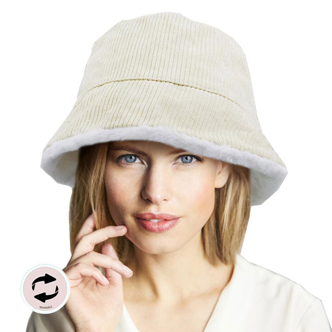 Ivory Reversible Corduroy Soft Faux Fur Bucket Hat. Show your trendy side with this chic animal print hat. Have fun and look Stylish. Great for covering up when you are having a bad hair day, perfect for protecting you from the sun, rain, wind, snow, beach, pool, camping or any outdoor activities.