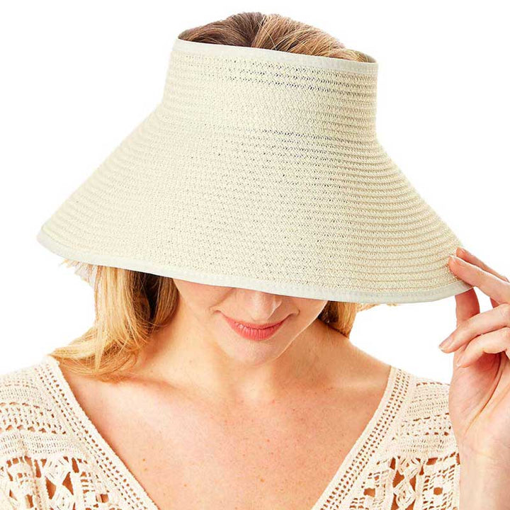 Ivory Roll Up Foldable Large Brim Sun Visor Hat. Keep your styles on even when you are relaxing at the pool or playing at the beach. Large, comfortable, and perfect for keeping the sun off of your face, neck, and shoulders Perfect summer, beach accessory. Ideal for travelers who are on vacation or just spending some time in the great outdoors.