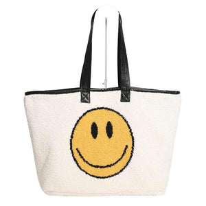 Ivory Smile Face Tote Bag, Add a unique, beautiful, and trendy style to your look with this smile face tote bag for women. This fashionable handbag has a casual-cool silhouette that is structured, stylish, and ultra-comfortable. An adjustable strap and top handle elevate the structured style of this handbag. This spacious handbag features a roomy interior to hold all your essentials. It’s safe, secure, and great for travel. 