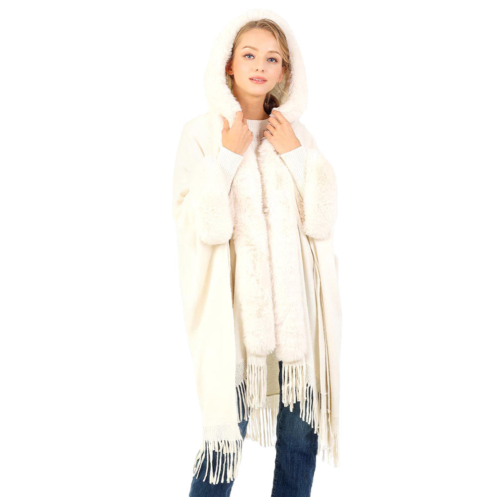 Ivory Solid Color Hoodie Winter Cape With Faux Fur Edge, is beautifully designed with solid color that amps up your beauty to a greater extent. It enriches your attire with perfect combination. Breathable Fabric, comfortable to wear, and very easy to put on and off. Suitable for Weekend, Work, Holiday, Beach, Party, Club, Night, Evening, Date, Casual and Other Occasions in Spring, Summer and Autumn.
