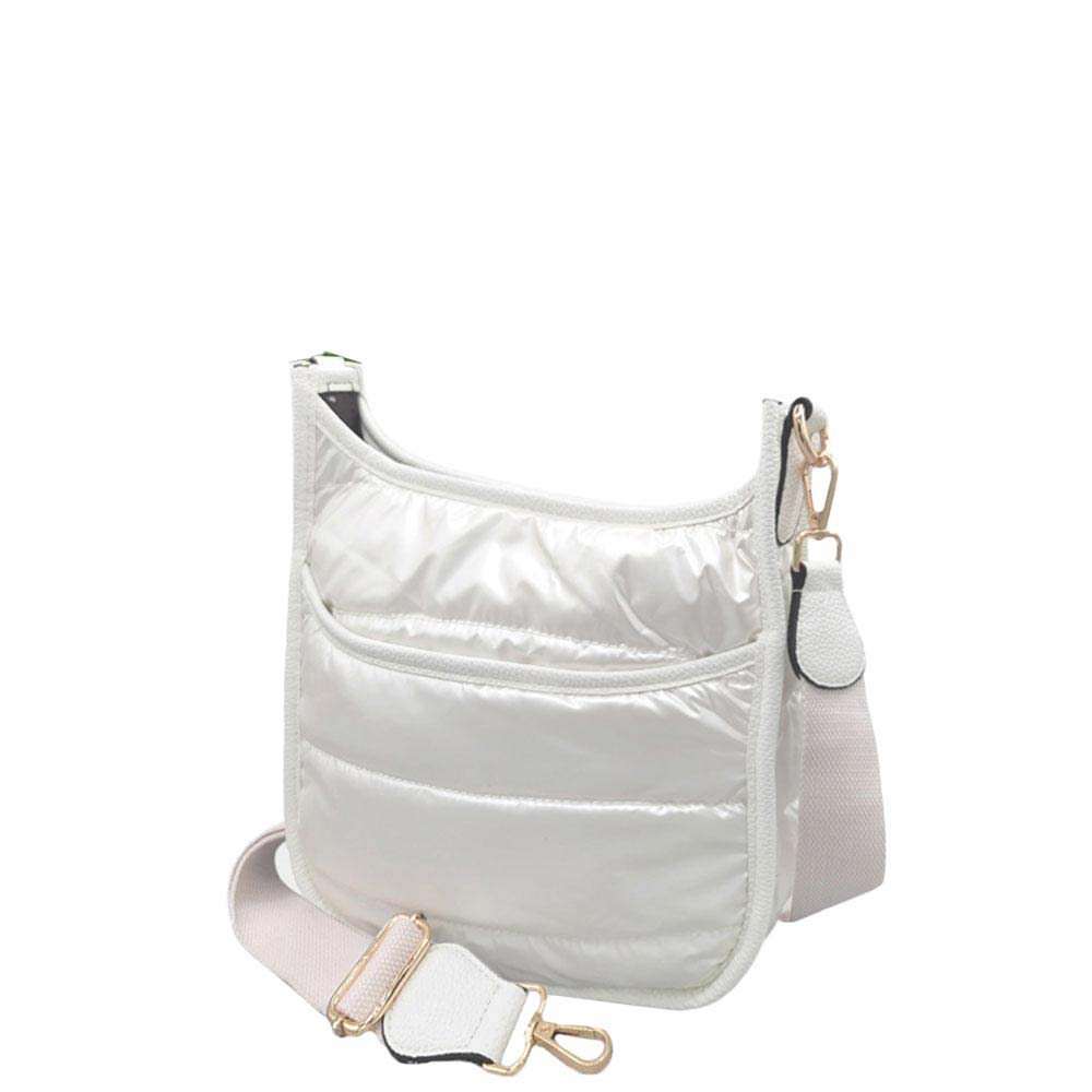 Ivory Solid Quilted Shiny Puffer Mini Crossbody Bag, Complete the look of any outfit on all occasions with this Shiny Puffer Mini Crossbody. these mini bag offers enough room for your essentials. With a One Inside Zipper Pocket, three two inside slip pockets and a secured Magnetic Closure at the top, this bag will be your new go to! These beautiful and trendy Crossbody have adjustable and detachable hand straps that make your life more comfortable.