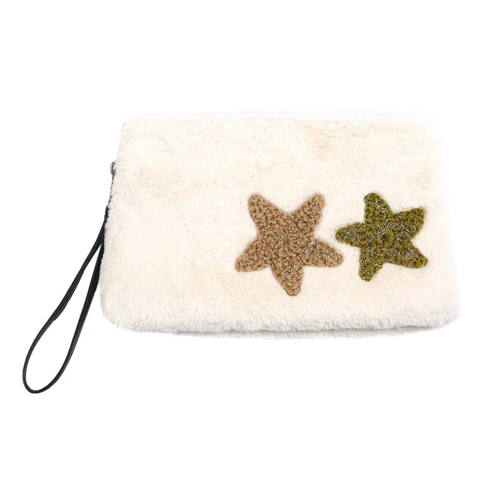 Black Star Patches Fuzzy Faux Fur Wristlet Clutch Bag, It looks like the ultimate fashionista while carrying this trendy faux fur Clutch bag! Different colors give you the choice to take your own. It will be your new favorite accessory to hold onto all your little necessary like - keys, card, makeups, phone, wallet etc. A caring gift for ones you care.
