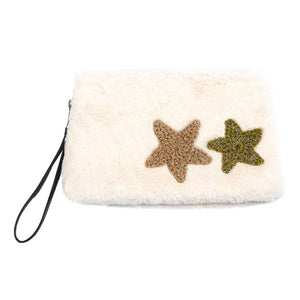 Ivory Star Patches Fuzzy Faux Fur Wristlet Clutch Bag, It looks like the ultimate fashionista while carrying this trendy faux fur Clutch bag! Different colors give you the choice to take your own. It will be your new favorite accessory to hold onto all your little necessary like - keys, card, makeups, phone, wallet etc. A caring gift for ones you care.