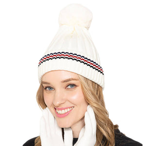 Ivory Stripe Pointed Faux Fur Pom Pom Knit Beanie Hat; reach for this classic toasty hat to keep you nice n warm in the chilly winter weather, the wintry touch finish to your outfit. Perfect Gift Birthday, Christmas, Holiday, Anniversary, Stocking Stuffer, Secret Santa, Valentine's Day, Loved One, BFF