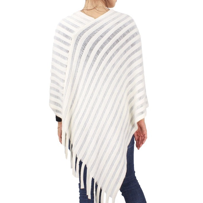 Ivory Stripe Texture Fringe Detailed Knit Shawl Cape Poncho Outwear Cover Up, the perfect accessory, luxurious, trendy, super soft chic capelet, keeps you warm & toasty. You can throw it on over so many pieces elevating any casual outfit! Perfect Gift Birthday, Holiday, Christmas, Anniversary, Wife, Mom, Special Occasion