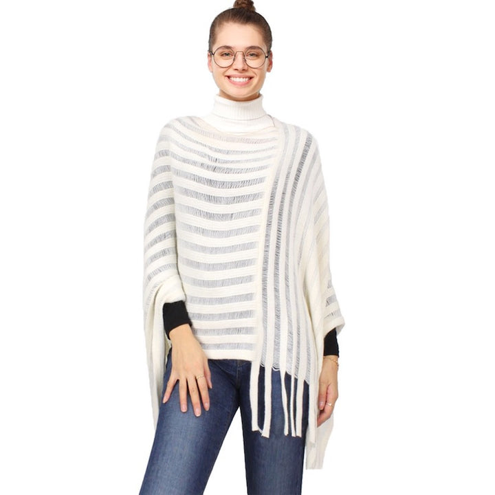 Ivory Stripe Texture Fringe Detailed Knit Shawl Cape Poncho Outwear Cover Up, the perfect accessory, luxurious, trendy, super soft chic capelet, keeps you warm & toasty. You can throw it on over so many pieces elevating any casual outfit! Perfect Gift Birthday, Holiday, Christmas, Anniversary, Wife, Mom, Special Occasion