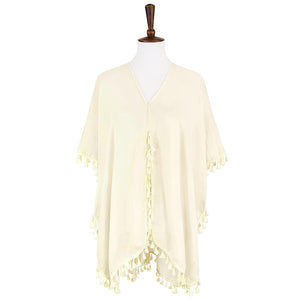 Ivory Tassel Trimmed Solid Cover Up, Luxurious, trendy, super soft chic capelet, keeps you warm and toasty. You can throw it on over so many pieces elevating any casual outfit! Perfect Gift for Wife, Birthday, Holiday, Christmas, Anniversary, Fun Night Out.