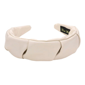 Ivory Trendy Pleated Solid Faux Leather Headband, create a natural & beautiful look while perfectly matching your color with the easy-to-use pleated solid faux leather headband. Push your hair back and spice up any plain outfit with this pleated solid leather headband!
