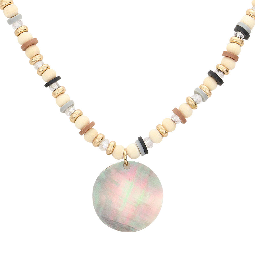 Ivory Wood Heishi Beaded Abalone Pendant Necklace, Add this simple Beaded Abalone Pendant necklace to any look for a hint of bling! delicately polished necklace will enhance your look, versatile enough for wearing straight through the week, coordinate with any ensemble from business casual to everyday wear, the perfect addition to every outfit.