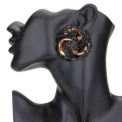 Cylinder Stone Embellished Round Post Earrings - Jet Black