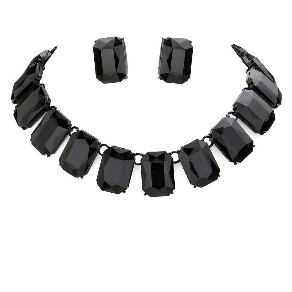 Jet Black Emerald Cut Stone Link Evening Necklace, This gorgeous necklace jewelry set will show your class on any special occasion. The elegance of these stones goes unmatched, great for wearing at a party! stunning jewelry set will sparkle all night long making you shine like a diamond on special occasions. Perfect jewelry to enhance your look and for wearing at parties, weddings, date nights, or any special event. 
