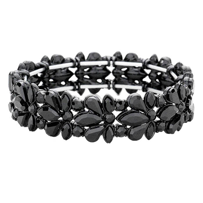 Jet Black Floral Crystal Stretch Evening Bracelet, This flower detailed Crystal stunning stretch bracelet is sure to get you noticed, adds a gorgeous glow to any outfit. Jewelry that fits your lifestyle! perfect for a night out on the town or a black tie party, ideal for Special Occasion, Prom or an Evening out. Awesome gift for birthday, Anniversary, Valentine’s Day or any special occasion.