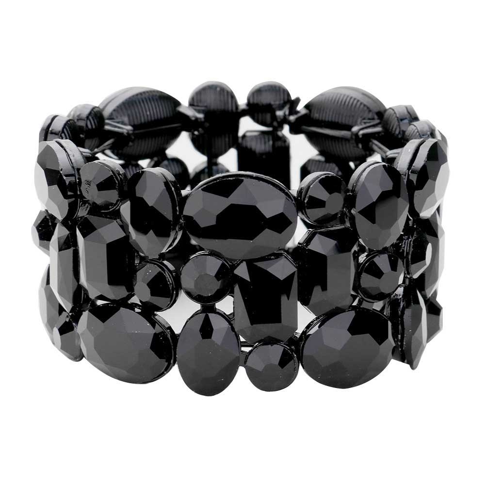 Jet Black Glass Crystal Stretch Evening Bracelet. This Evening Bracelet sparkles all around with it's surrounding round stones, stylish evening bracelet that is easy to put on, take off and comfortable to wear. It looks stylish and is just the right touch to set off your dress. Suitable for Night Out, Party, Formal, Special Occasion, Date Night, Prom.