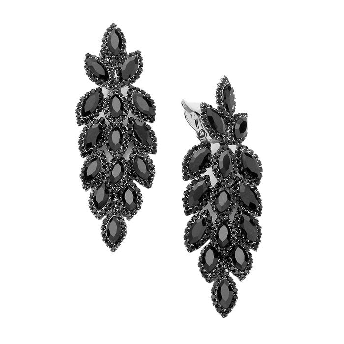Jet Black Marquise Crystal Oval Cluster Vine Clip On Earrings, The perfect set of sparkling earrings adds a sophisticated & stylish glow to any outfit. Perfect for adding just the right amount of shimmer & shine and a touch of class to special events. These earrings pair perfectly with any ensemble from business casual, to night out on the town or a black tie party.