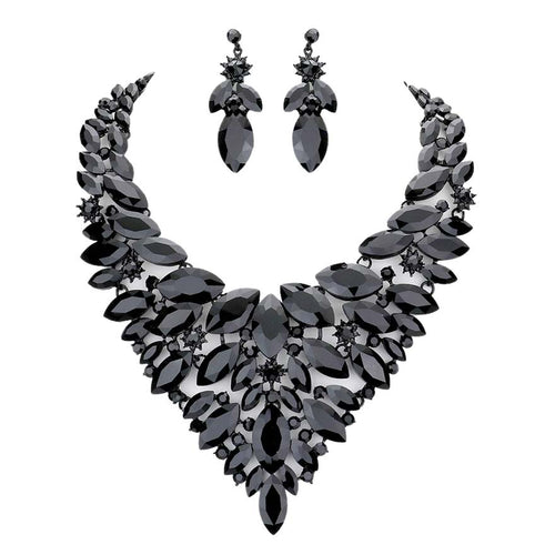 Marquise Stone Cluster Statement Evening Necklace - Jet Black