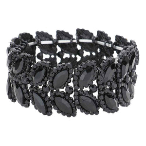 Jet Black Marquise Stone Embellished Stretch Evening Bracelet, This Marquise Stretch Bracelet sparkles all around with it's surrounding round stones, stylish stretch bracelet that is easy to put on, take off and comfortable to wear. It looks modern and is just the right touch to set off LBD. Perfect jewelry to enhance your look. Awesome gift for birthday, Anniversary, Valentine’s Day or any special occasion.