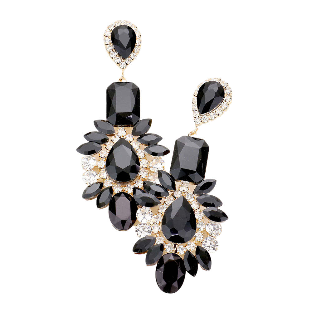 Jet Black Multi Stone Evening Statement Special Occasion Earrings, perfect set of sparkling earrings, pair these glitzy studs with any ensemble for a polished & sophisticated look Ideal for any night out; Perfect Gift Birthday, Holiday, Christmas, Valentine's Day, Anniversary, prom, wedding, sweet 16, Quinceanera etc.