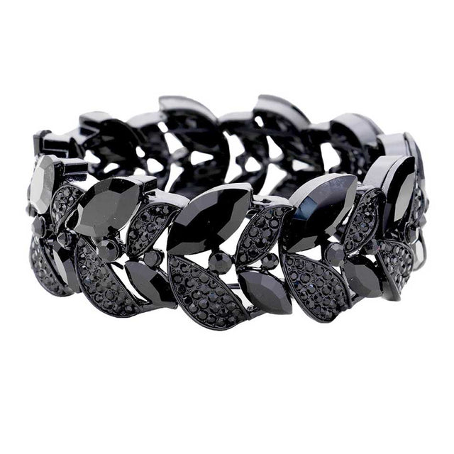 Jet Black Rhinestone Pave Marquise Stone Leaf Stretch Evening Bracelet. Get ready with this bracelets, Beautifully crafted design adds a gorgeous glow to any outfit. Jewelry that fits your lifestyle! Perfect Birthday Gift, Anniversary Gift, Mother's Day Gift, Anniversary Gift, Graduation Gift, Prom Jewelry, Just Because Gift, Thank you Gift.
